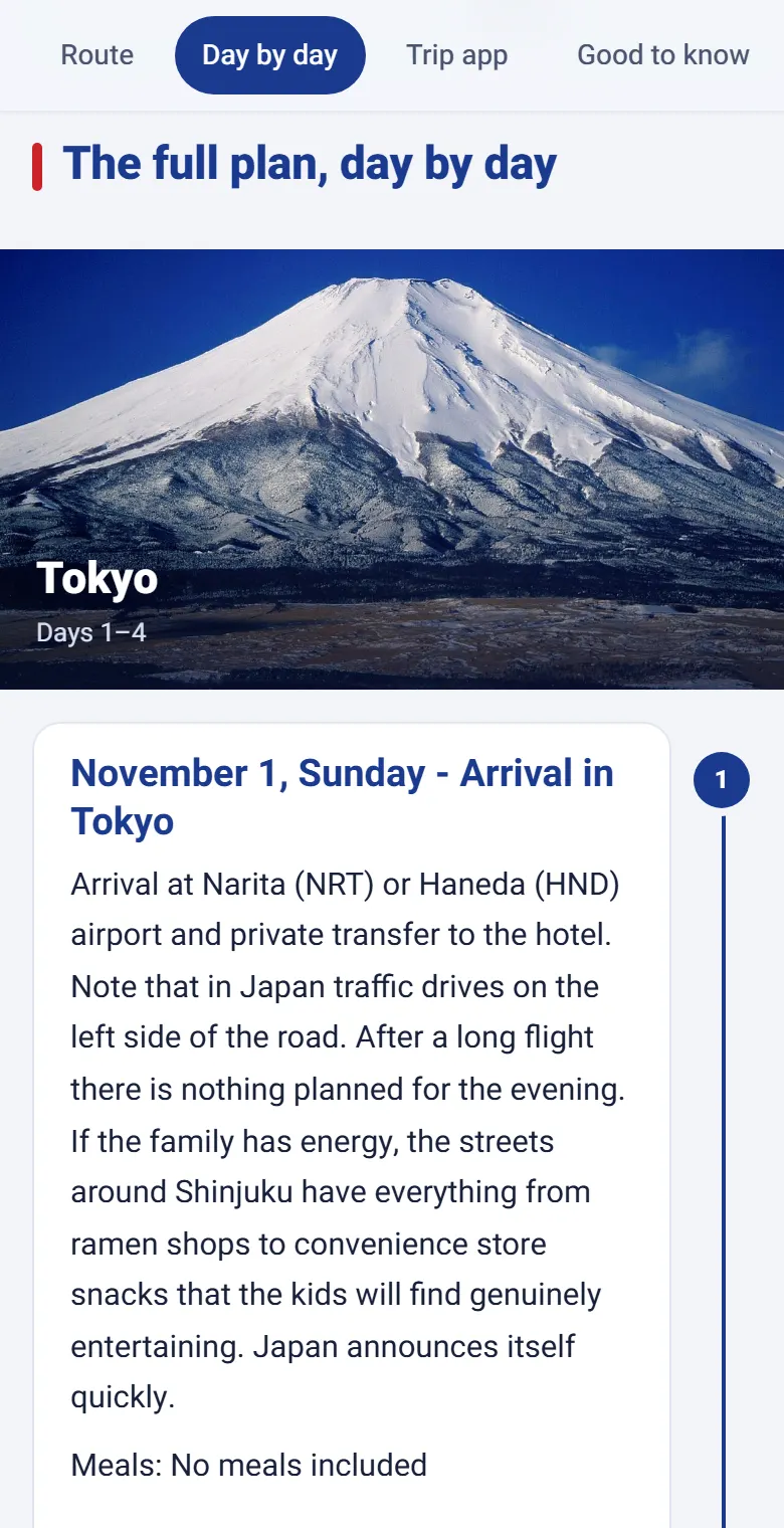 The trip app on a phone: the full plan, day by day, starting with day 1 in Tokyo