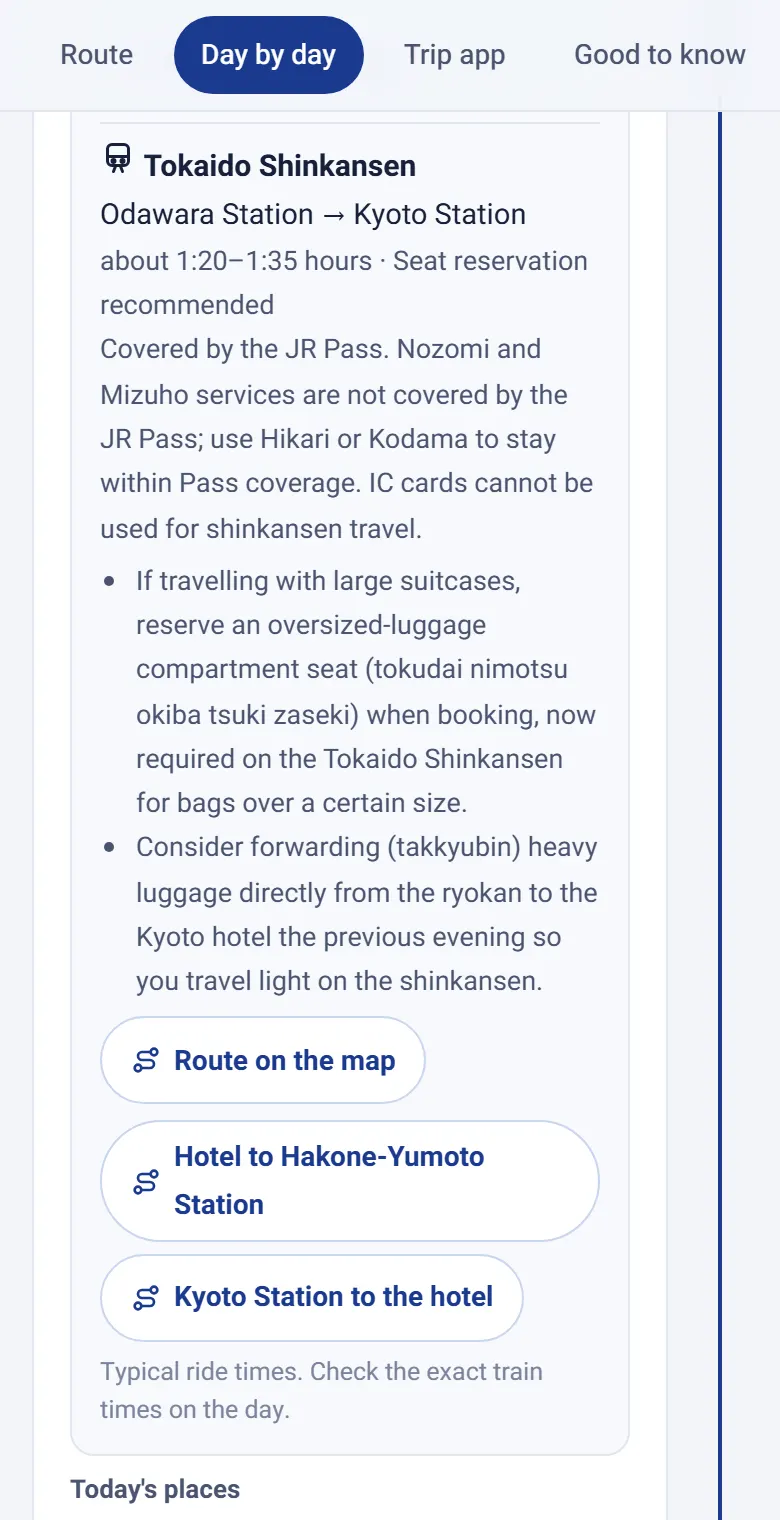 The trip app on a phone: the Tokaido Shinkansen from Odawara to Kyoto, with ride time, JR Pass notes, a luggage tip and map buttons