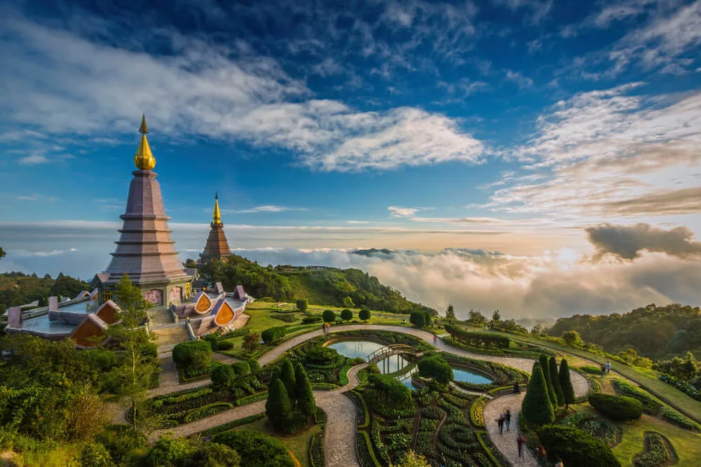 The twin pagodas on Doi Inthanon above a sea of clouds near Chiang Mai