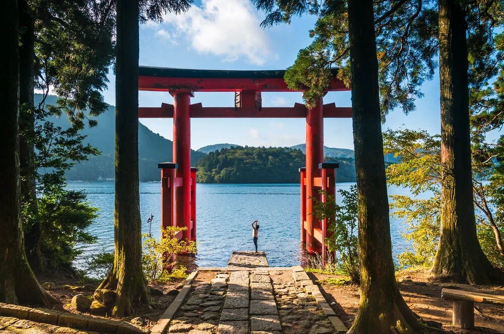 Red torii gate on the shore of Lake Ashi in Hakone