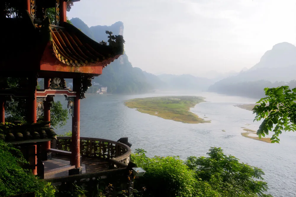View over the Li River and karst hills from a red pavilion near Guilin