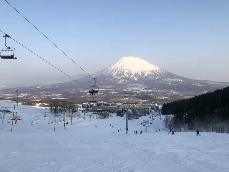 Ski slope at Niseko with snow-covered Mount Yotei behind, Hokkaido, Japan